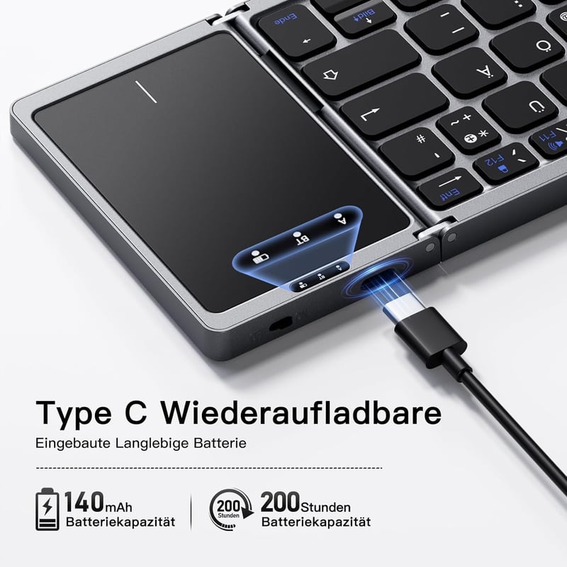 Vobafe Bluetooth Összecsukható Billentyűzet Touchpaddal, Hordozható Vezeték Nélküli QWERTZ