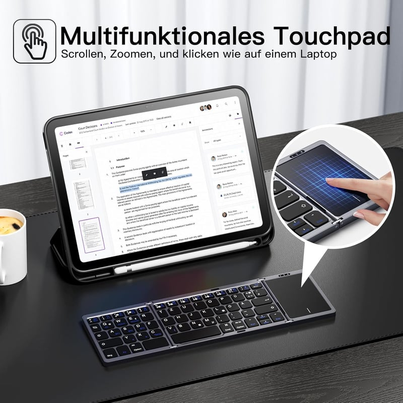 Vobafe Bluetooth Összecsukható Billentyűzet Touchpaddal, Hordozható Vezeték Nélküli QWERTZ