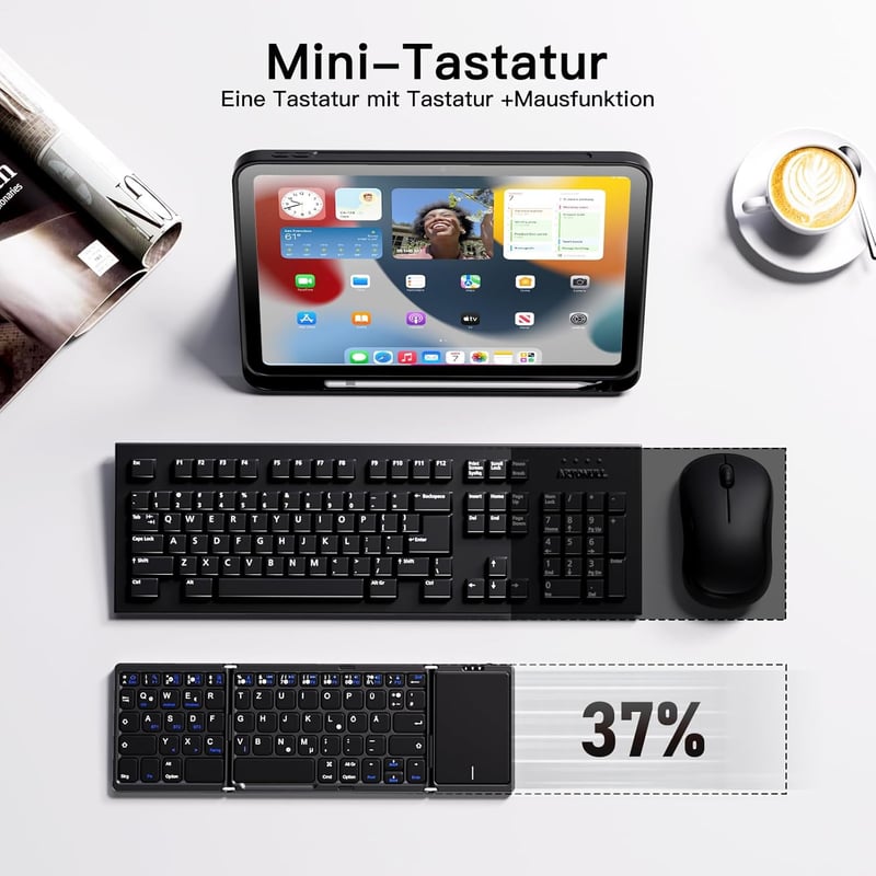 Vobafe Bluetooth Összecsukható Billentyűzet Touchpaddal, Hordozható Vezeték Nélküli Mini Billentyűzet QWERTZ - 2-black