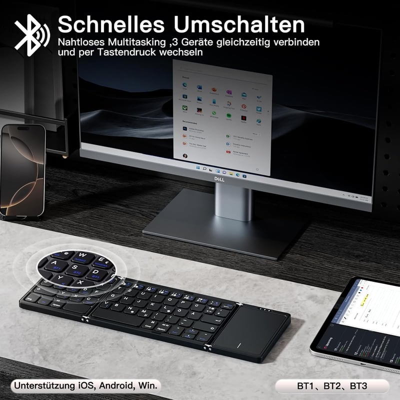 Vobafe Bluetooth Összecsukható Billentyűzet Touchpaddal, Hordozható Vezeték Nélküli Mini Billentyűzet QWERTZ - 2-black