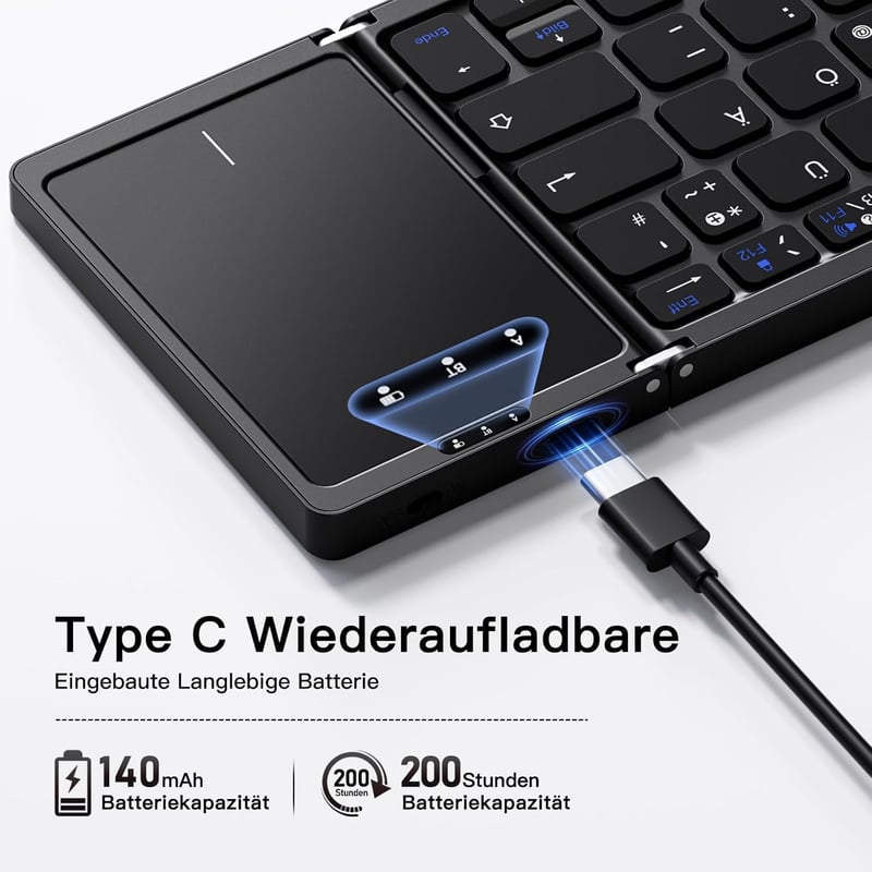 Vobafe Bluetooth Összecsukható Billentyűzet Touchpaddal, Hordozható Vezeték Nélküli Mini Billentyűzet QWERTZ - 2-black