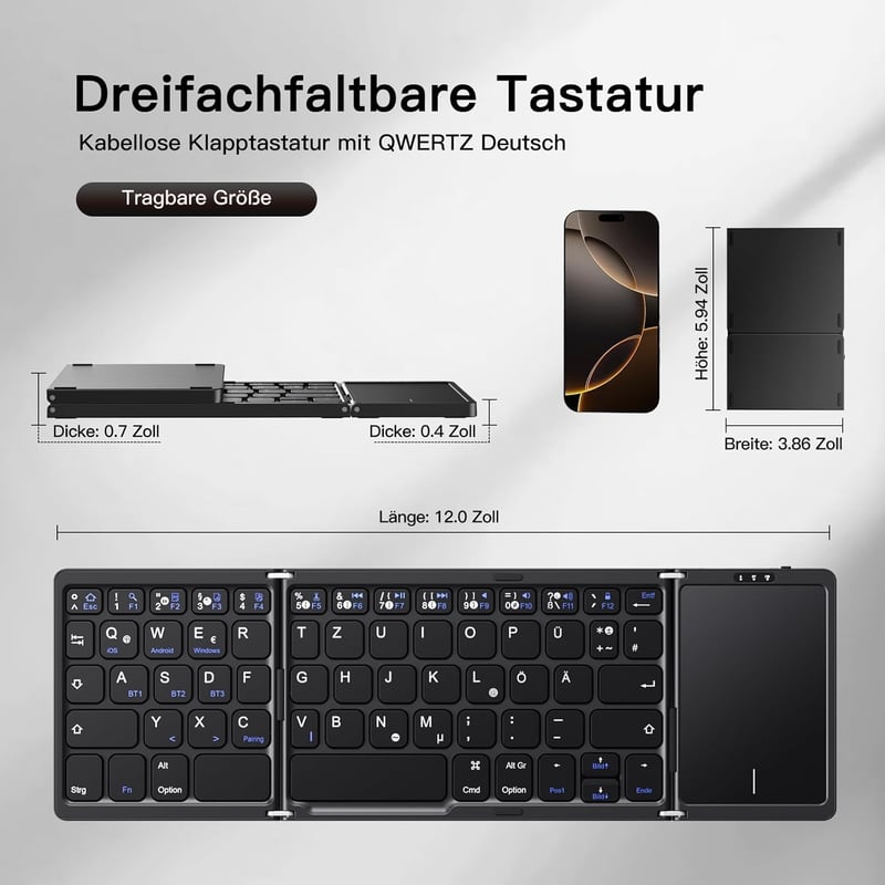 Vobafe Bluetooth Összecsukható Billentyűzet Touchpaddal, Hordozható Vezeték Nélküli Mini Billentyűzet QWERTZ - 2-black