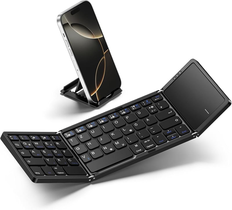 Vobafe Bluetooth Összecsukható Billentyűzet Touchpaddal, Hordozható Vezeték Nélküli Mini Billentyűzet QWERTZ - 2-black
