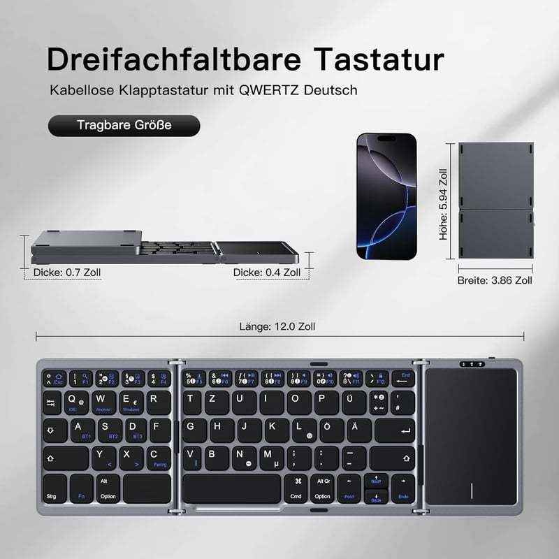 Vobafe Bluetooth Összecsukható Billentyűzet Touchpaddal, Hordozható Vezeték Nélküli QWERTZ