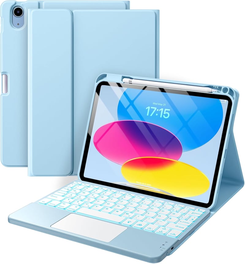 Vobafe iPad 11 10 Billentyűzetes Tok Érintőpaddal Világító QWERTZ Világoskék - lightblue