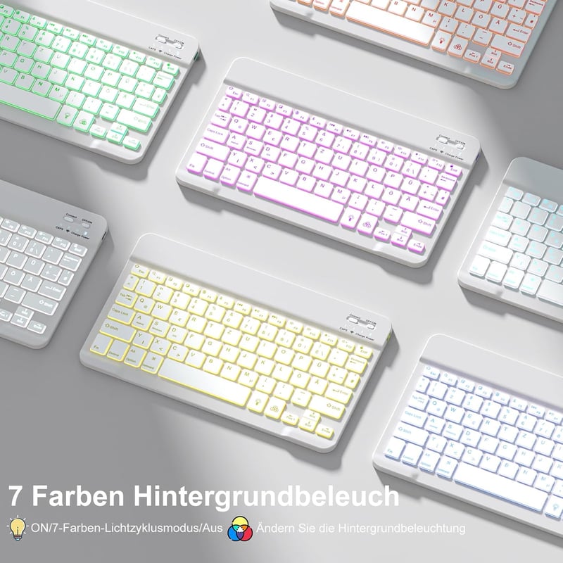 Vobafe iPad Air 11" M4/M3/M2 és 10.9" Tok Billentyűzettel, 7 Szín LED, QWERTZ, Szürke