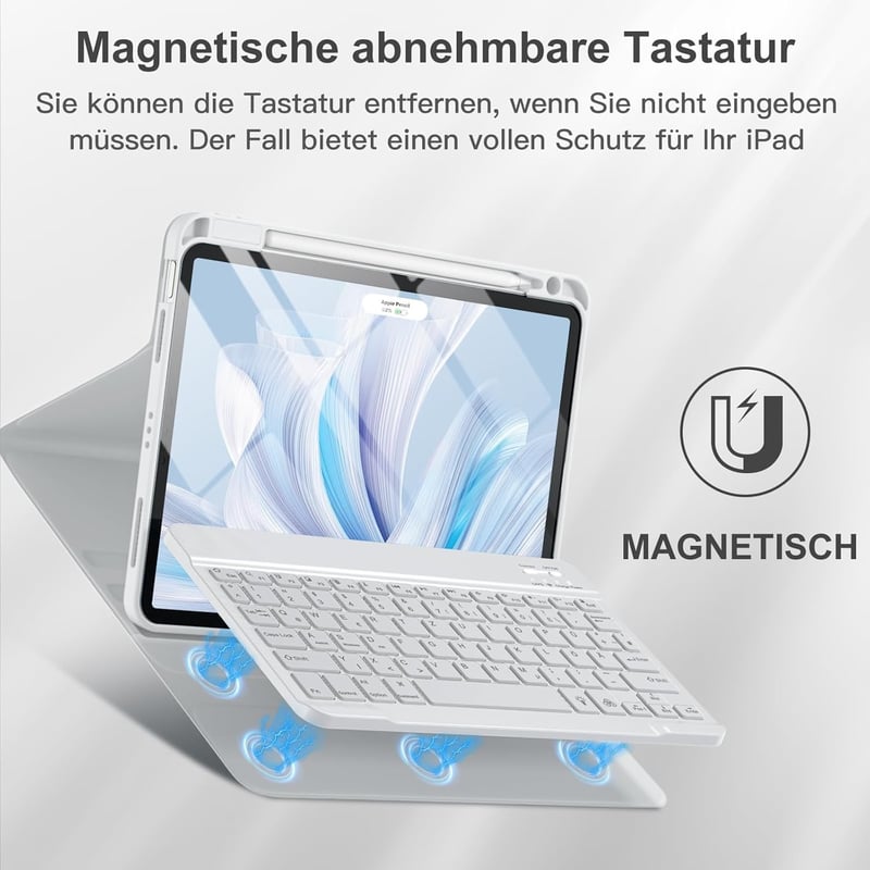 Vobafe iPad Air 11" M4/M3/M2 és 10.9" Tok Billentyűzettel, 7 Szín LED, QWERTZ, Szürke