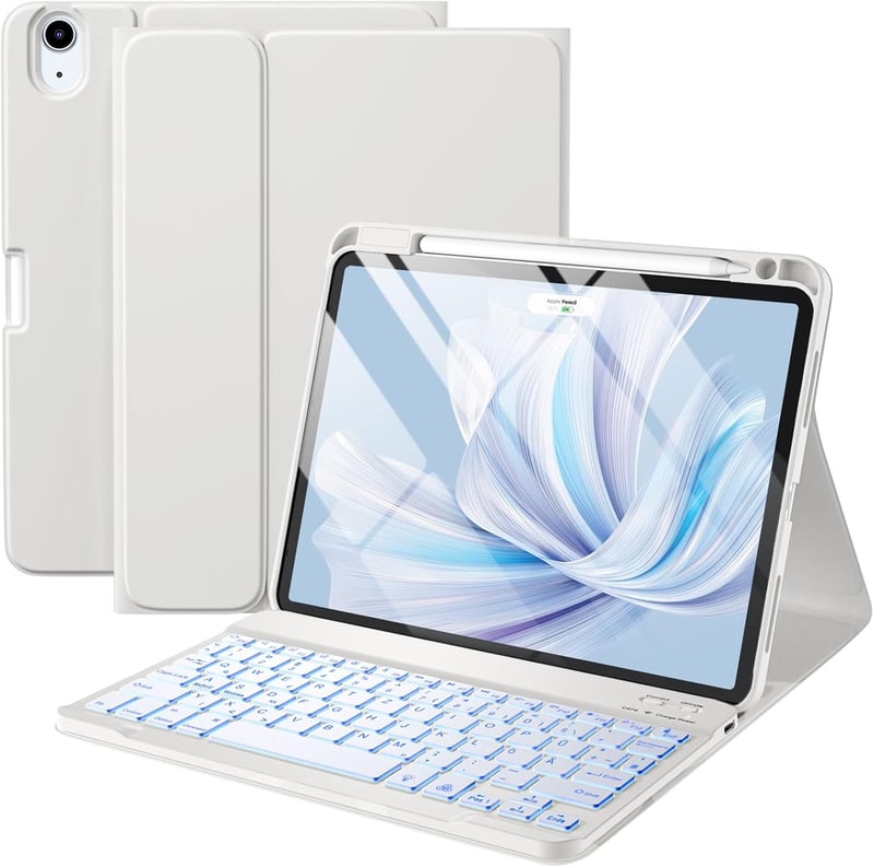 Vobafe iPad Air 11" M4/M3/M2 és 10.9" Tok Billentyűzettel, 7 Szín LED, QWERTZ, Szürke