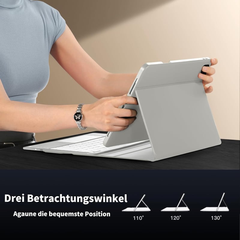 Vobafe iPad Air 13" és iPad Pro 12.9" Billentyűzetes Tok QWERTZ Trackpad Világosszürke