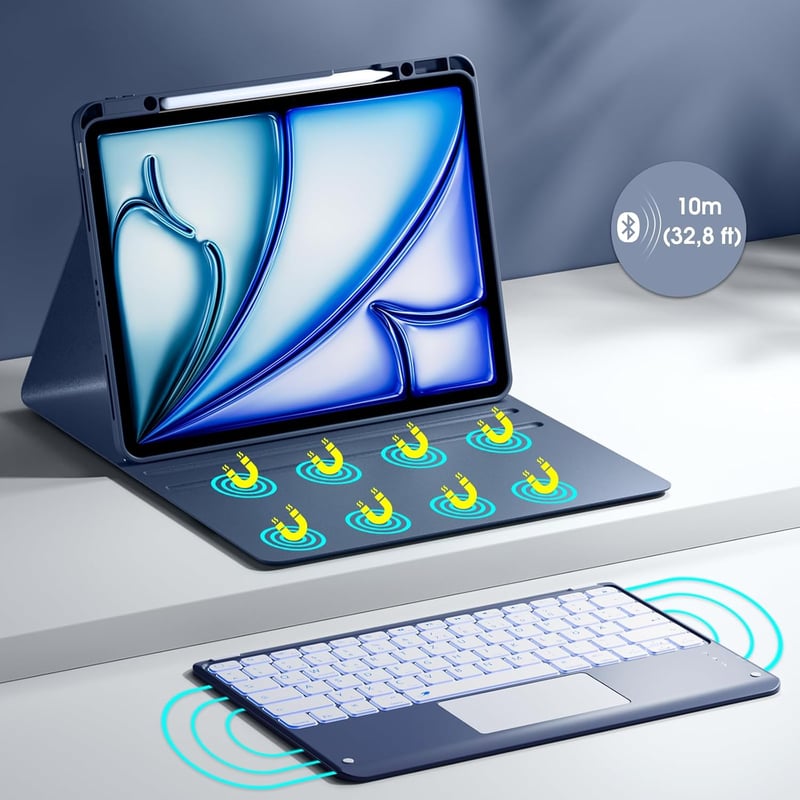 Vobafe iPad Air 13" és iPad Pro 12.9" Billentyűzetes Tok QWERTZ Trackpad Világítással - iPad Air 13 Zoll M3/M2, iPad Pro 12.9 Zoll, blue grey