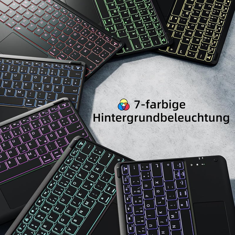 Vobafe iPad Air 13" és iPad Pro 12.9" billentyűzetes tok QWERTZ, trackpad, 7 szín világítás