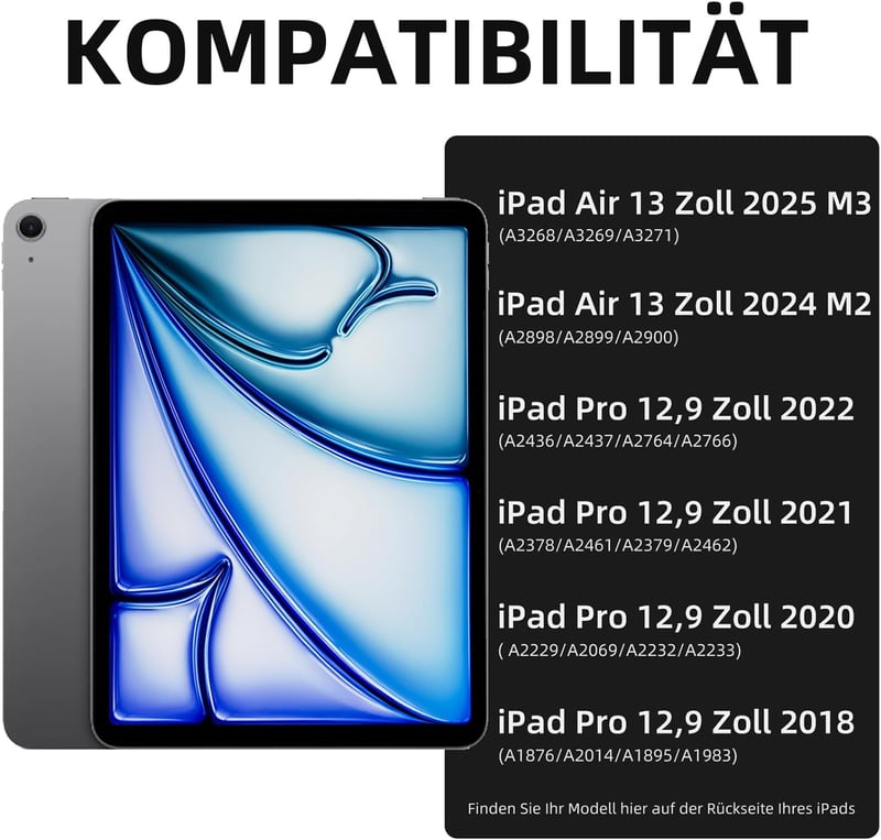 Vobafe iPad Air 13" és iPad Pro 12.9" Billentyűzetes Tok QWERTZ Trackpad Világítással - iPad Air 13 Zoll M3/M2, iPad Pro 12.9 Zoll, blue grey