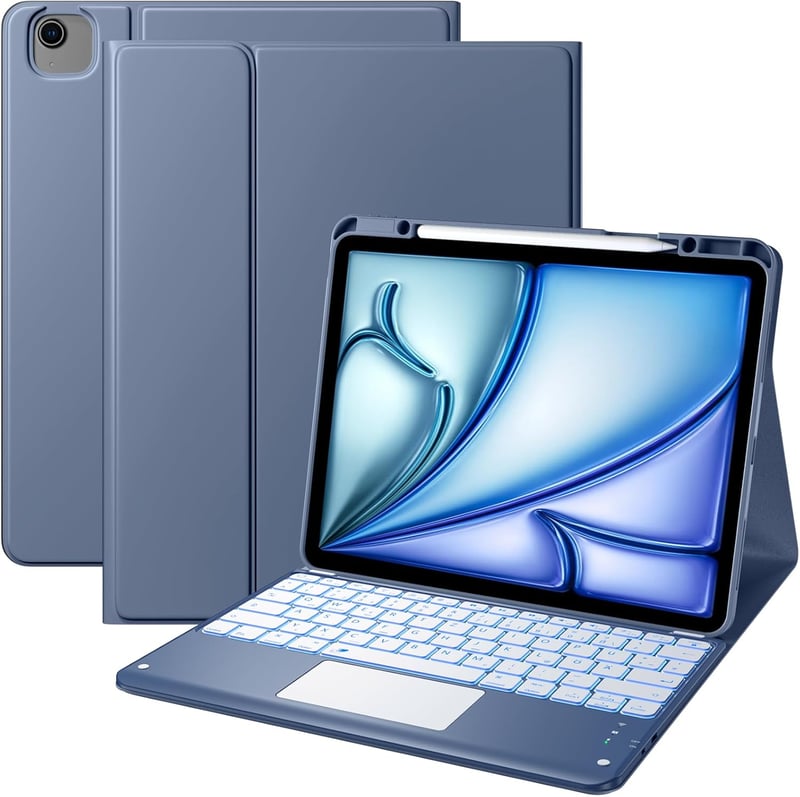 Vobafe iPad Air 13" és iPad Pro 12.9" Billentyűzetes Tok QWERTZ Trackpad Világítással - iPad Air 13 Zoll M3/M2, iPad Pro 12.9 Zoll, blue grey