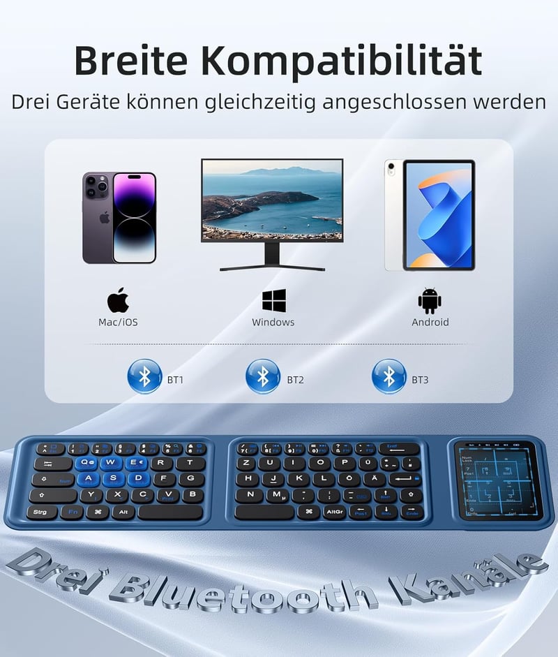 Vobafe Összehajtható Bluetooth Billentyűzet Touchpaddal, Numerikus Billentyűzettel, Vezeték Nélküli Mini Billentyűzet QWERTZ