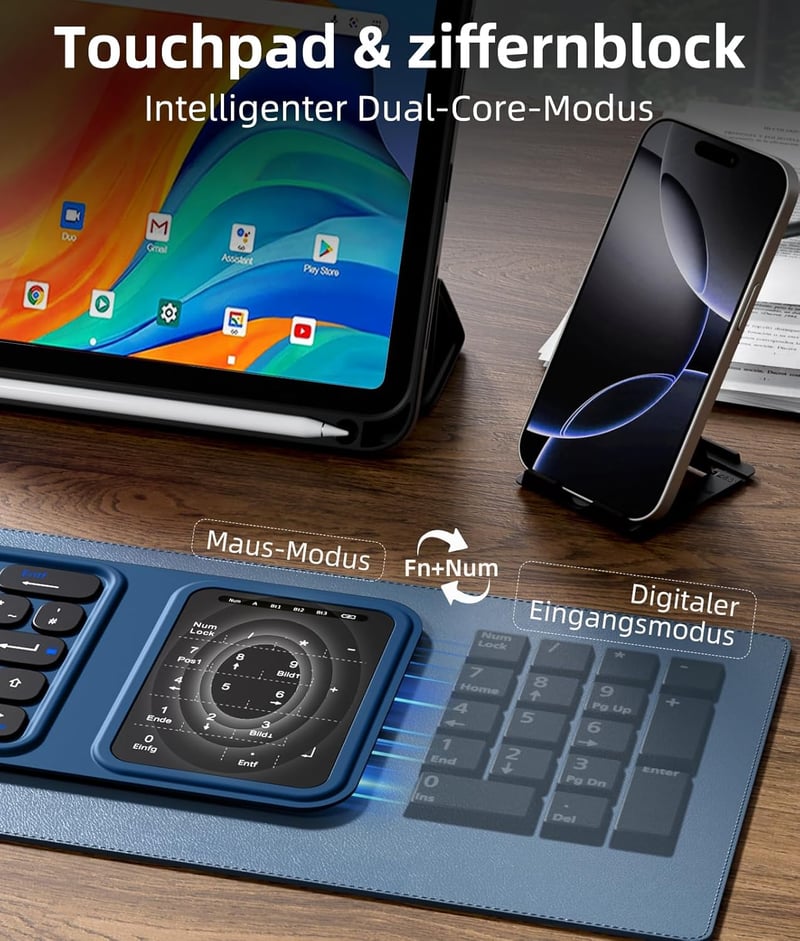 Vobafe Összehajtható Bluetooth Billentyűzet Touchpaddal, Numerikus Billentyűzettel, Vezeték Nélküli Mini Billentyűzet QWERTZ