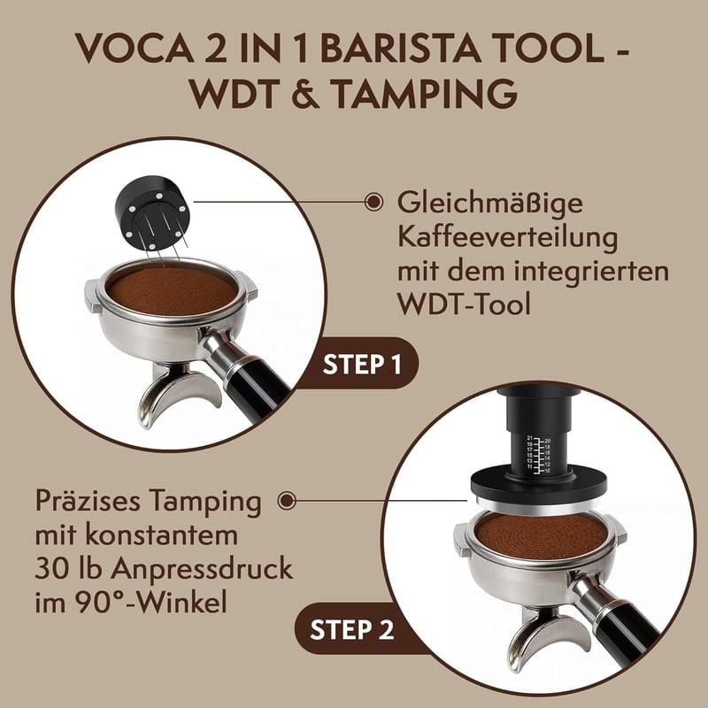 VOCA 58mm Espresso Tamper WDT Eszköz 30lb Kalibrált Tömörítő és 8 Tűs Disztribútor