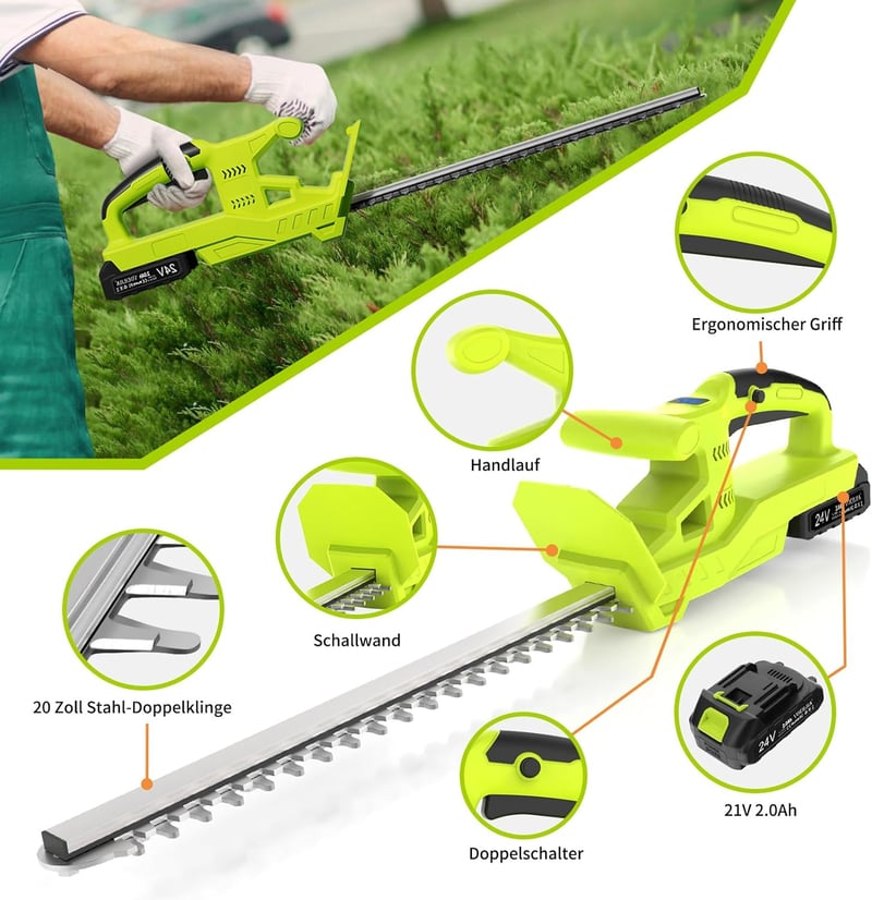 VOERJIA 21V Akkumulátoros Sövényvágó 50cm Kettős Pengével, 750W, 2x2000mAh Akkuval, Kerti Bokrok és Sövények Nyírásához