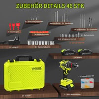VOERJIA 21V akumulátorový príklepový vŕtací skrutkovač, bezuhlíkový motor, 2x2000mAh batéria, 65Nm, 20+3 stupňov krútiaceho momentu, 2 rýchlosti, 10mm skľučovadlo, LED, 46 ks príslušenstvo, kufrík 9