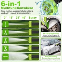 Akumulátorový vysokotlakový čistič VOERJIA 21V (70 bar) s 2x4,0Ah batériami, 400 l/h, tryskou 6 v 1, na auto a do záhrady, zelený 3