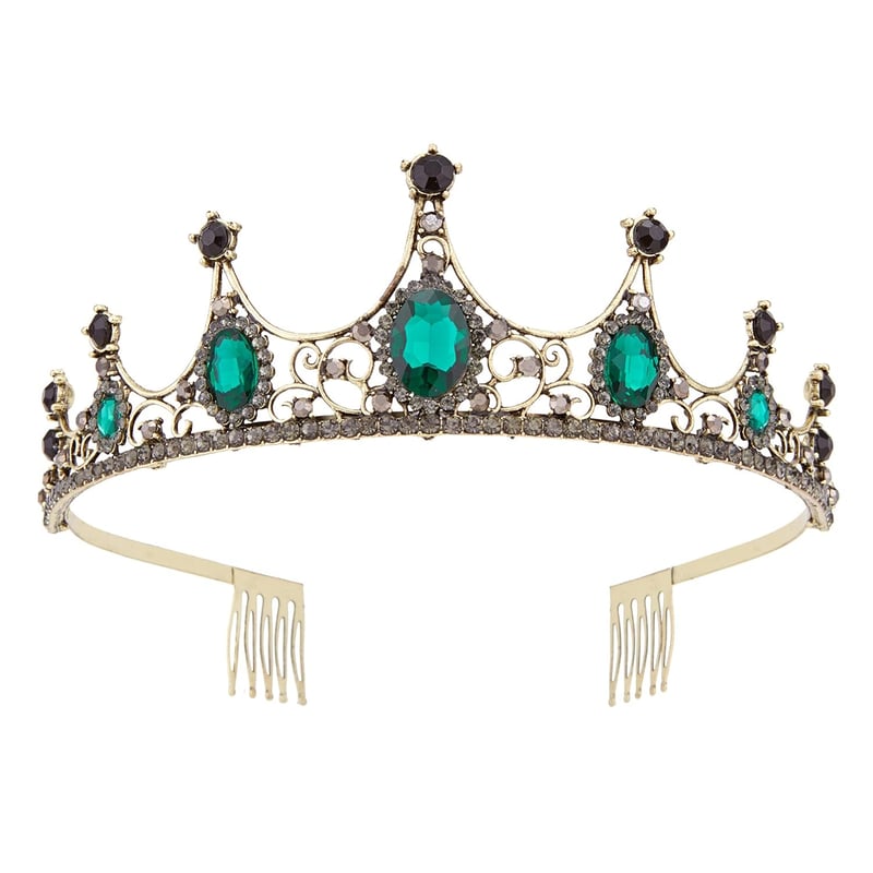 Vofler Barokk Tiara - Fekete-Arany Korona Smaragdzöld Kristályokkal - Elegáns Fejdísz Esküvőre, Jelmezbálra, Születésnapra