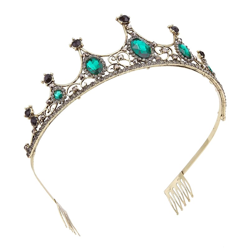 Vofler Barokk Tiara - Fekete-Arany Korona Smaragdzöld Kristályokkal - Elegáns Fejdísz Esküvőre, Jelmezbálra, Születésnapra