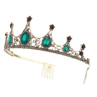 Vofler Barokk Tiara - Fekete-Arany Korona Smaragdzöld Kristályokkal - Elegáns Fejdísz Esküvőre, Jelmezbálra, Születésnapra 5