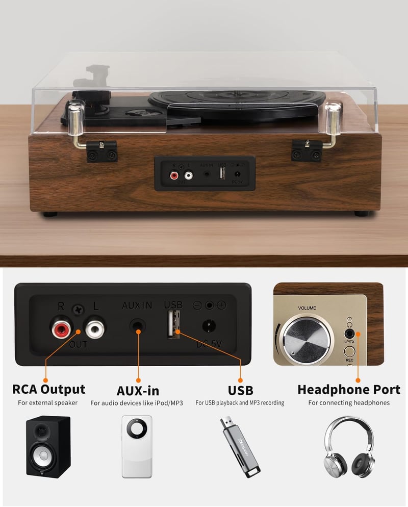 VOKSUN Bluetooth Lemezjátszó Beépített Hangszóróval USB Digitális Kódolóval 3 Sebességes
