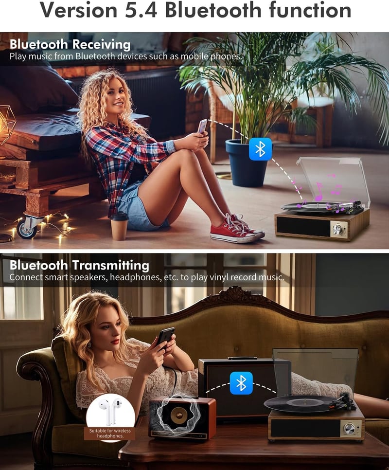 VOKSUN Bluetooth Lemezjátszó Beépített Hangszóróval USB Digitális Kódolóval 3 Sebességes