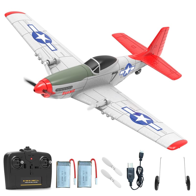 Avion RC VOLANTEXRC P51 Mustang 2,4 GHz – cu stabilizator giroscopic, 2 baterii, pentru începători și copii, gata de zbor