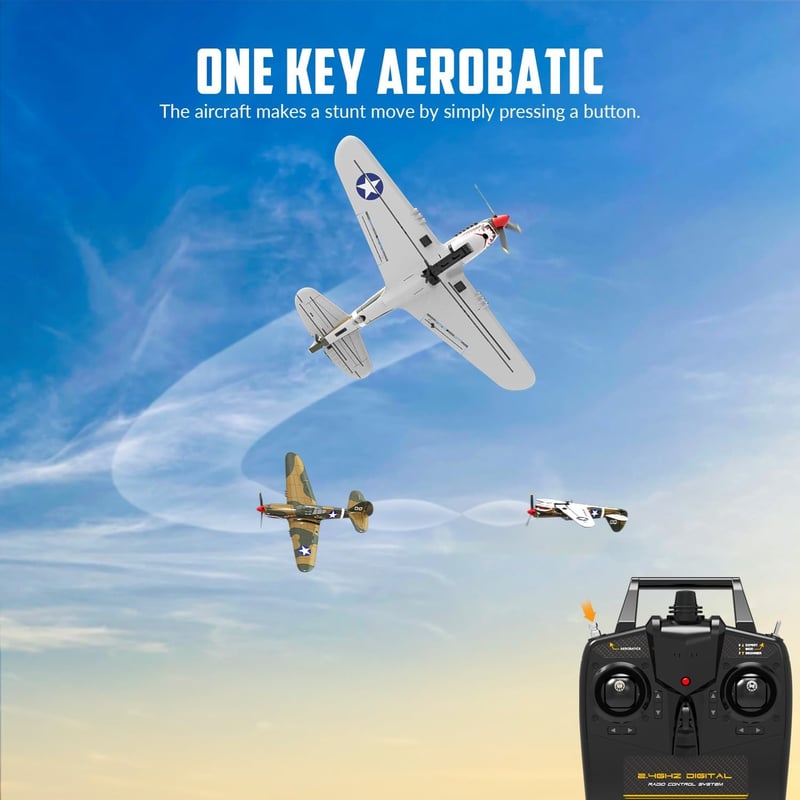VOLANTEXRC P51 Mustang 2.4GHz RC Repülőgép - Giroszkópos Stabilizálással, 2 Akkumulátorral, Kezdőknek és Gyerekeknek, Repülésre Kész