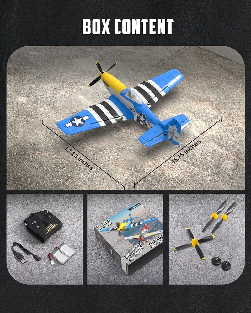 VOLANTEXRC P51D Mustang V2 RTF Távirányítós Repülő - 2.4GHz, 4 Csatornás, USB Töltés, Kezdőknek, Habanyag, 1:72 Méretarány, Akkumulátorral