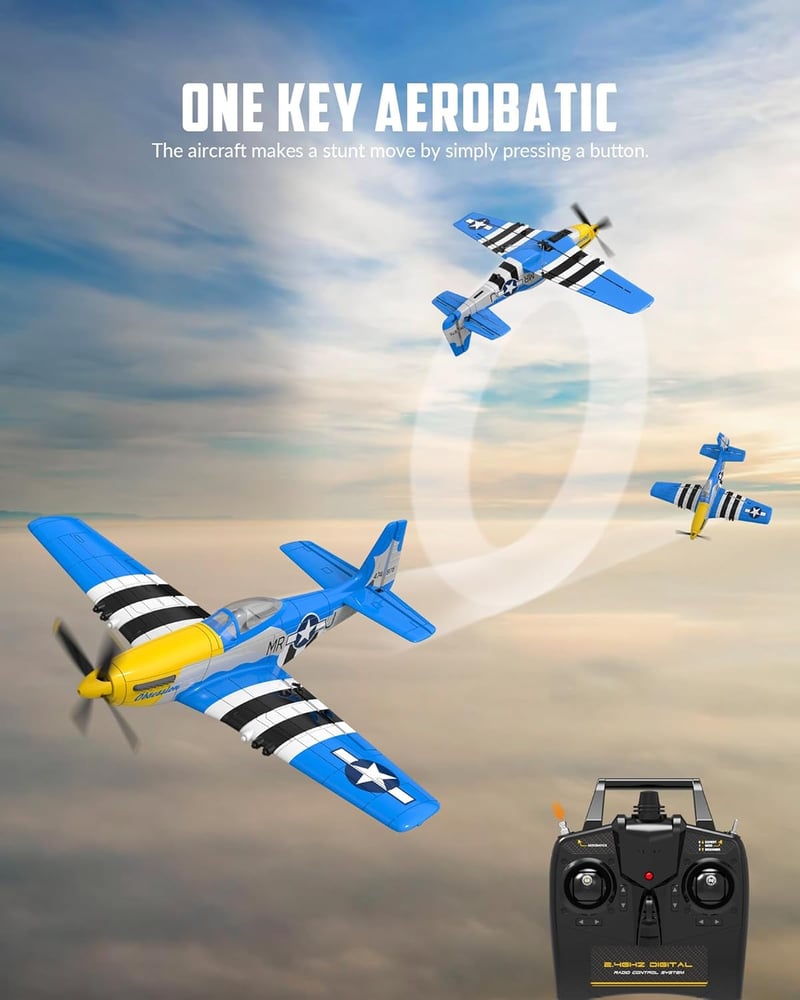 VOLANTEXRC P51D Mustang V2 RTF Távirányítós Repülő - 2.4GHz, 4 Csatornás, USB Töltés, Kezdőknek, Habanyag, 1:72 Méretarány, Akkumulátorral