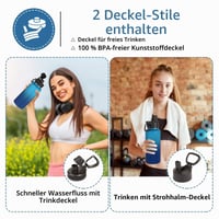 Nerezová termoska Volhoply 1000 ml so slamkou a rukoväťou, dvojstenná vákuovo izolovaná fľaša na vodu, s 2 viečkami, bez BPA, zeleno-modrá 2