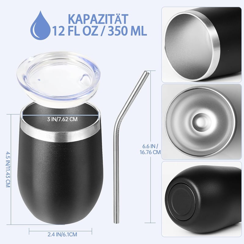 Volhoply 350ml rozsdamentes acél boros pohár fedéllel, vákuum szigetelt termosz pohár fekete