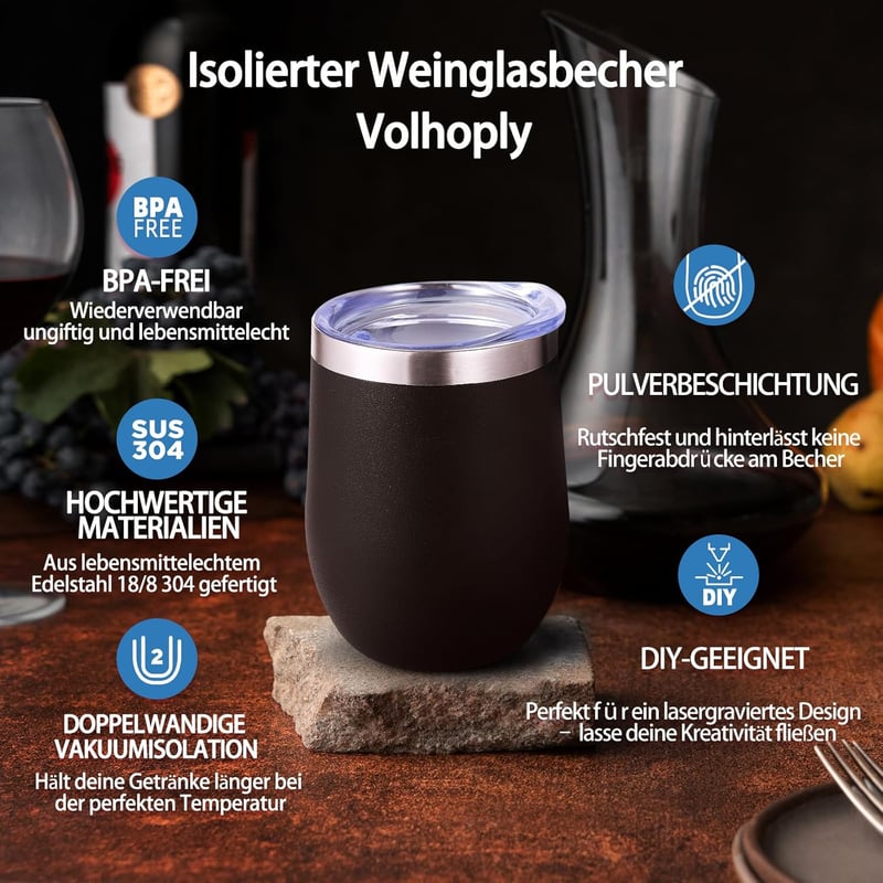 Volhoply 350ml rozsdamentes acél boros pohár fedéllel, vákuum szigetelt termosz pohár fekete