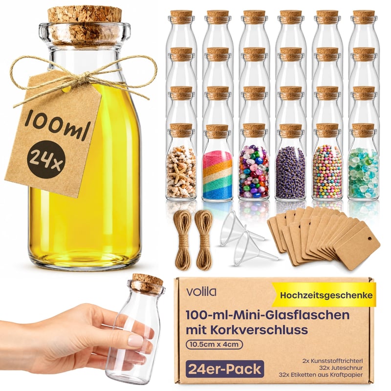 volila 24 bucăți mini sticle de sticlă cu dop - 100 ml sticluțe mici pentru cadouri, decorațiuni de nuntă DIY și depozitare