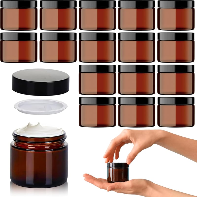 volila Borostyán Üveg Tégelyek Fedéllel (60 ml, 16 db) - Kozmetikai Tárolóedény Krémekhez, Kenőcsökhöz - Újratölthető Üvegtégelyek