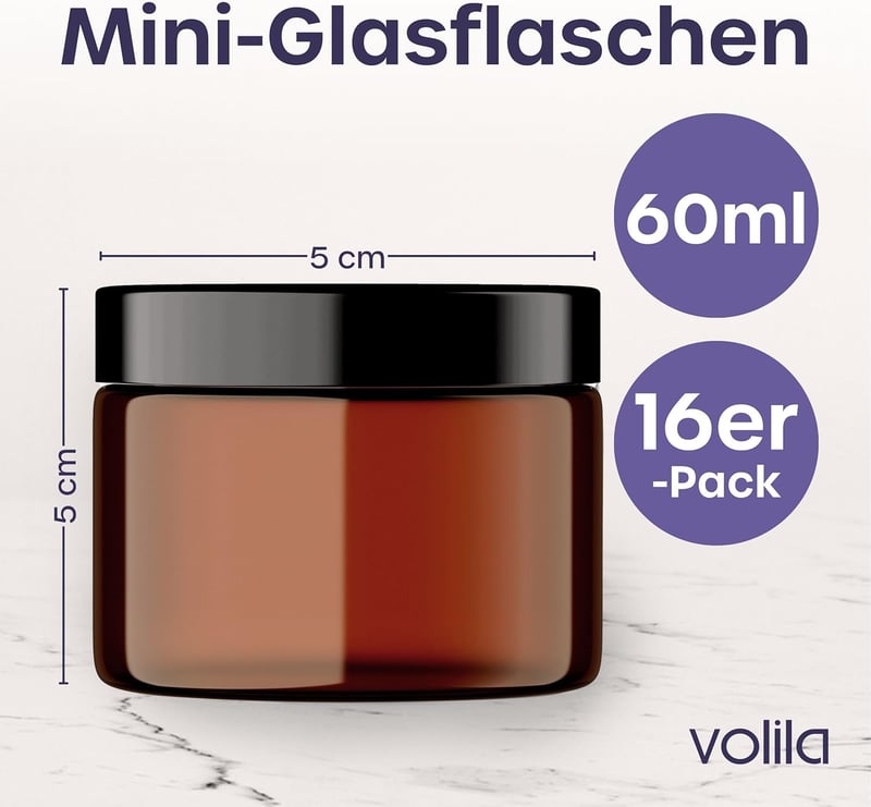 volila Borostyán Üveg Tégelyek Fedéllel (60 ml, 16 db) - Kozmetikai Tárolóedény Krémekhez, Kenőcsökhöz - Újratölthető Üvegtégelyek