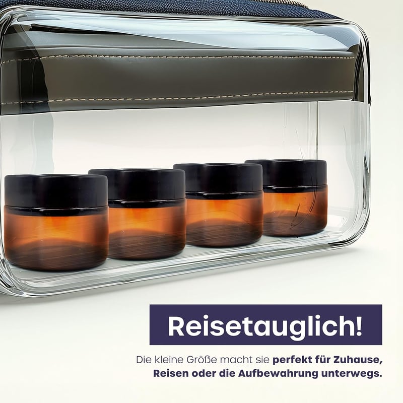 volila Borostyán Üveg Tégelyek Fedéllel (60 ml, 16 db) - Kozmetikai Tárolóedény Krémekhez, Kenőcsökhöz - Újratölthető Üvegtégelyek