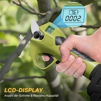 Akumulátorové nožnice na konáre Volticore, profesionálne elektrické záhradnícke nožnice s LCD displejom, bezkefový motor, 2x 2000 mAh 21V batéria, max. priemer strihu 40 mm, bezpečnostný spínač 7