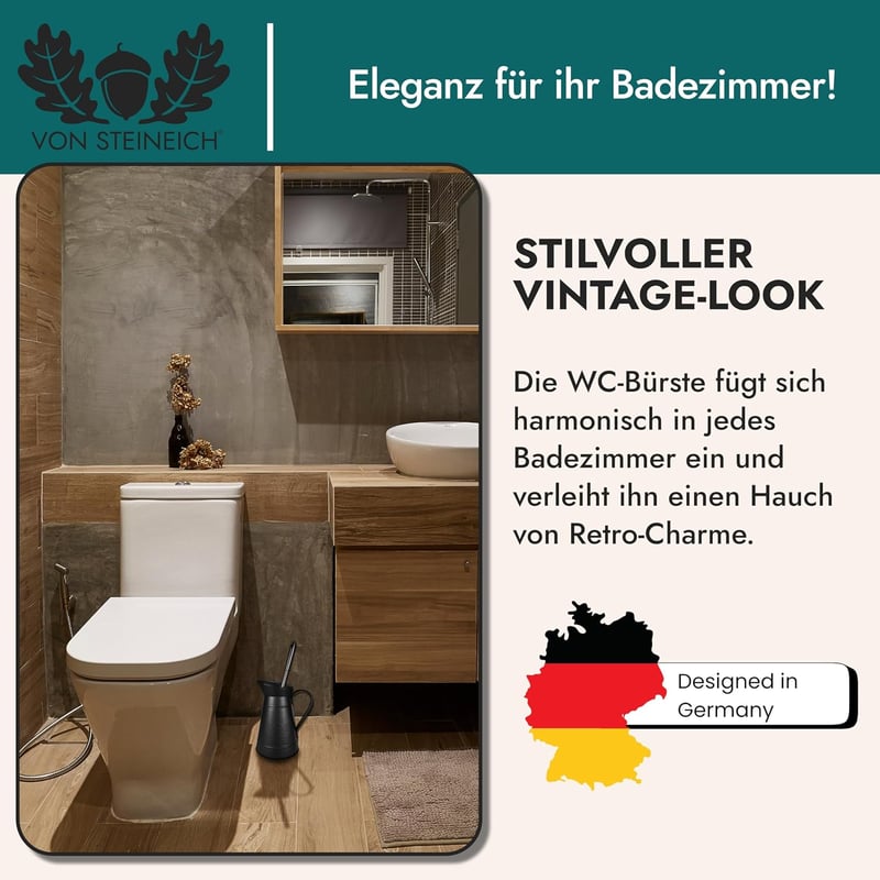 Perie de toaletă vintage VON STEINEICH cu suport metalic, decor retro de baie din oțel inoxidabil negru - Negru mat