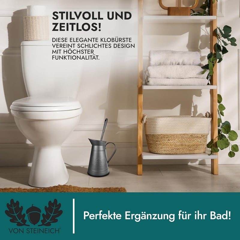 Perie de toaletă vintage VON STEINEICH cu suport metalic, decor retro de baie din oțel inoxidabil negru - Negru mat