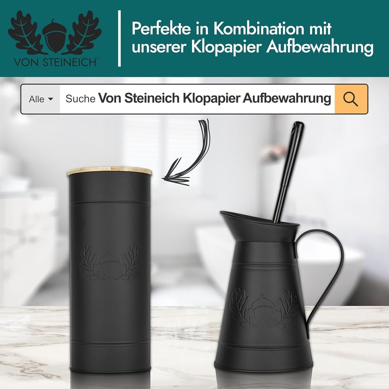 Perie de toaletă vintage VON STEINEICH cu suport metalic, decor retro de baie din oțel inoxidabil negru - Negru mat
