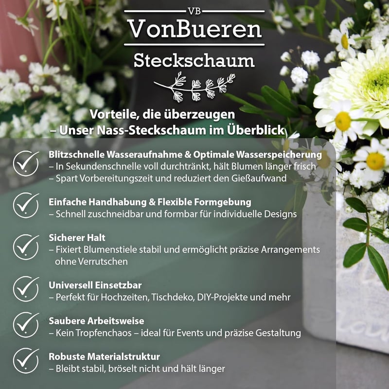 VonBueren 3x virághabszivacsok nedves 23x11x7,5cm kézműves virágdekorációhoz