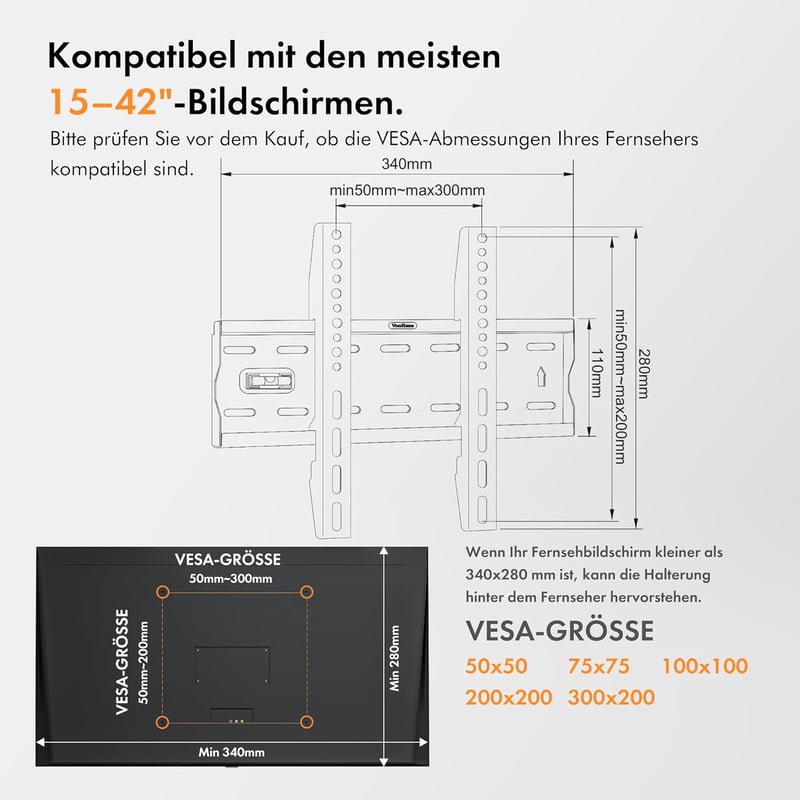 VonHaus 15-42" Fix TV fali tartó konzol beépített szintezővel 40kg terhelhetőség