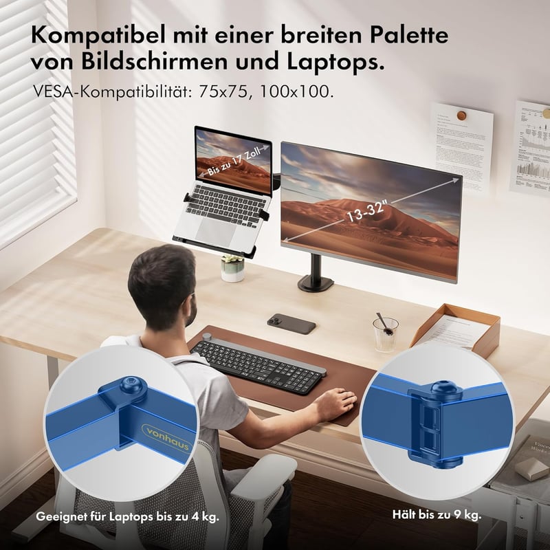 VonHaus Monitor Tartó Laptop Állvánnyal 13-32" Képernyőkhöz - Asztali Rögzítés, Állítható Magasság - Dönthető, Forgatható Karok, VESA Kompat