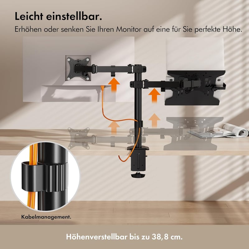 VonHaus Monitor Tartó Laptop Állvánnyal 13-32" Képernyőkhöz - Asztali Rögzítés, Állítható Magasság - Dönthető, Forgatható Karok, VESA Kompat
