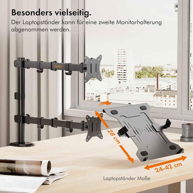 VonHaus Monitor Tartó Laptop Állvánnyal 13-32" Képernyőkhöz - Asztali Rögzítés, Állítható Magasság - Dönthető, Forgatható Karok, VESA Kompat
