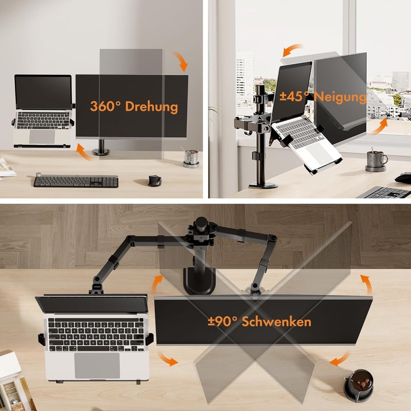 VonHaus Monitor Tartó Laptop Állvánnyal 13-32" Képernyőkhöz - Asztali Rögzítés, Állítható Magasság - Dönthető, Forgatható Karok, VESA Kompat