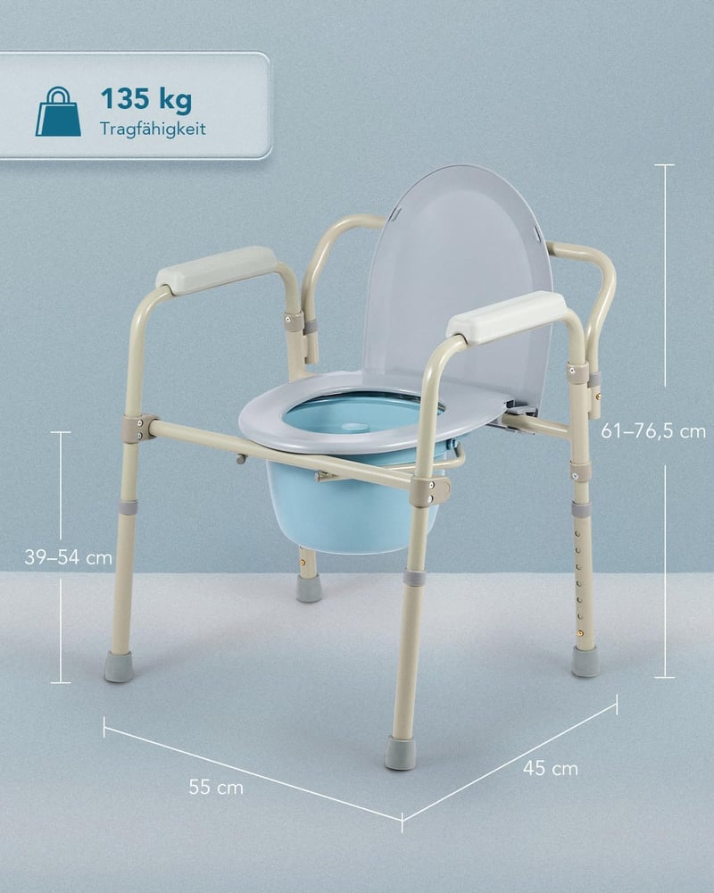 VONOYA Összecsukható Szobai WC Szék Időseknek 135kg Teherbírással - Állítható Magasságú Toalett Segédeszköz Kivehető Vödörrel